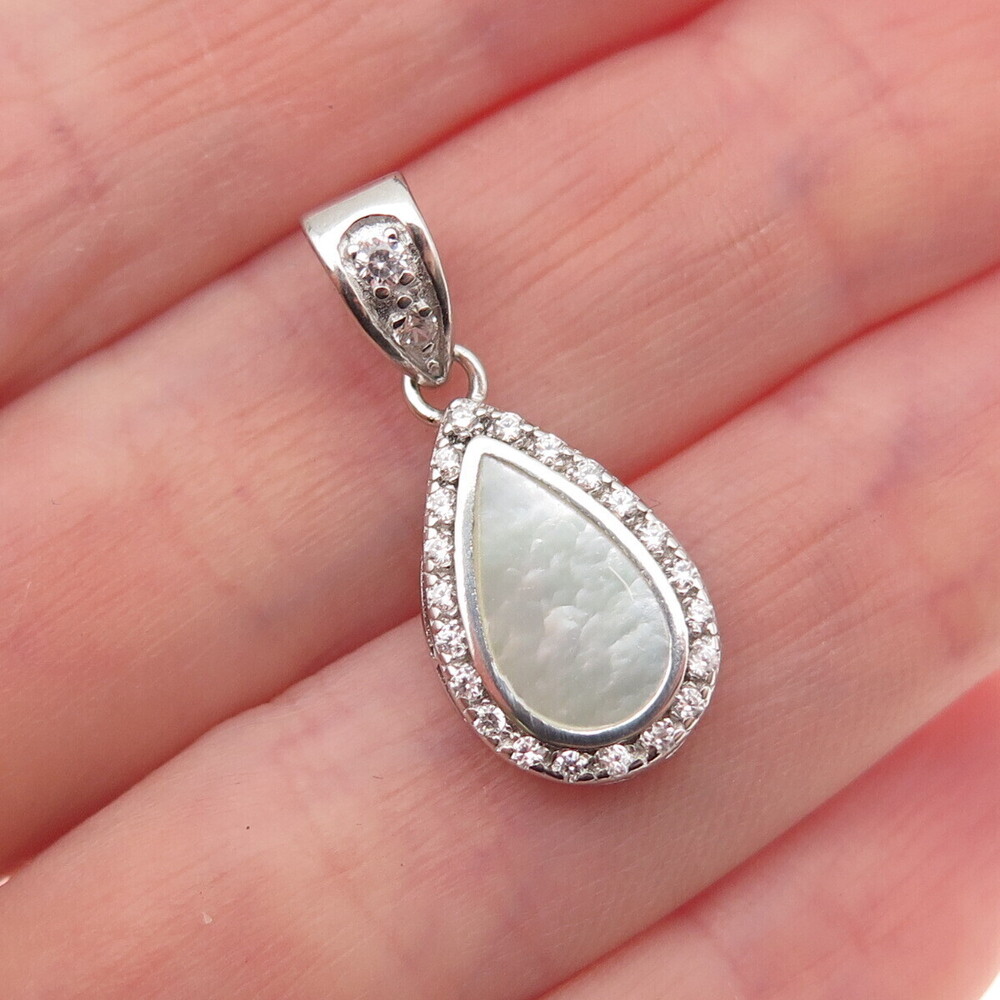 925 Sterling Silver Real MOP & C Z Teardrop Charm Pendant